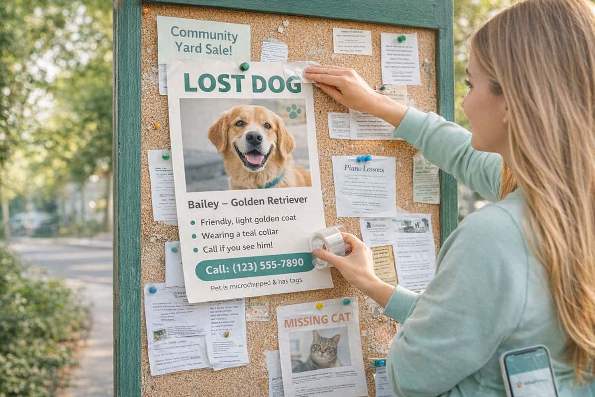 Pet owner posting a lost dog notice while searching for a missing pet