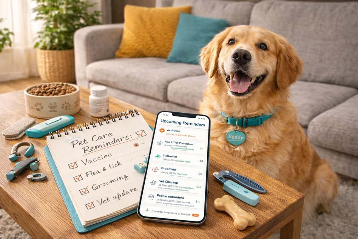 Pet owner checking smart care reminders on a smartphone beside a dog at home